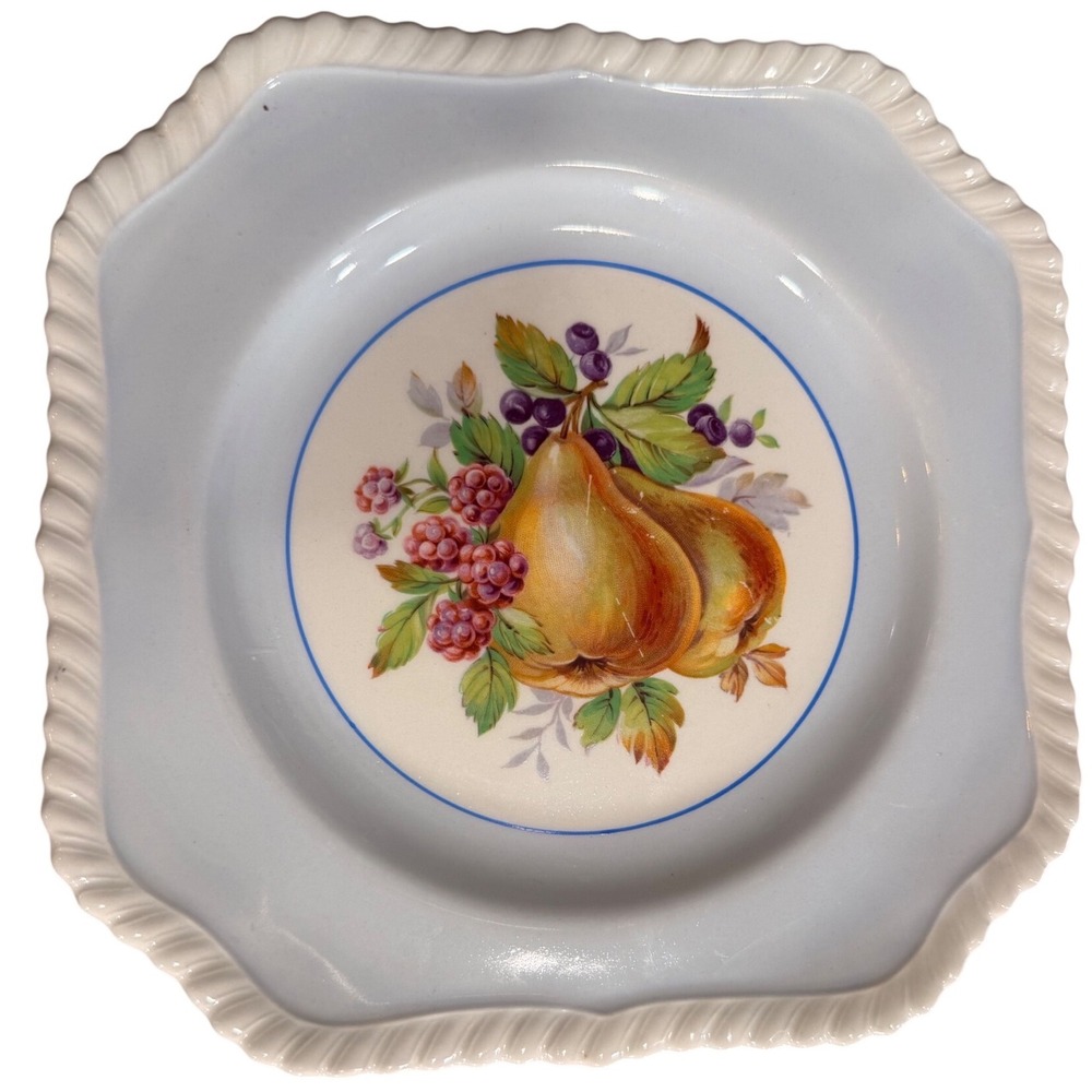 Johnson Bros England Square Salad Plate Fruit Pear Scalloped Rope Rim Blue